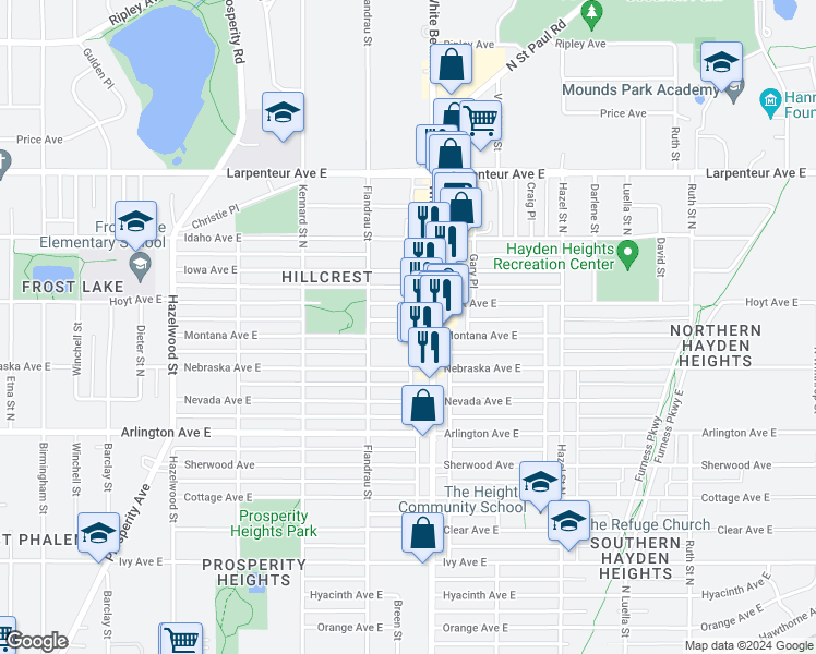 map of restaurants, bars, coffee shops, grocery stores, and more near 1557 White Bear Avenue in Saint Paul