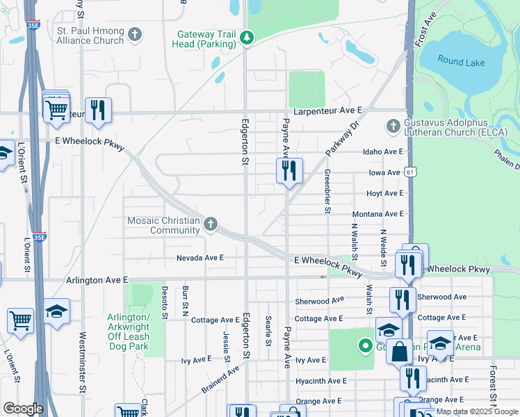 map of restaurants, bars, coffee shops, grocery stores, and more near 596 Hoyt Avenue East in Saint Paul
