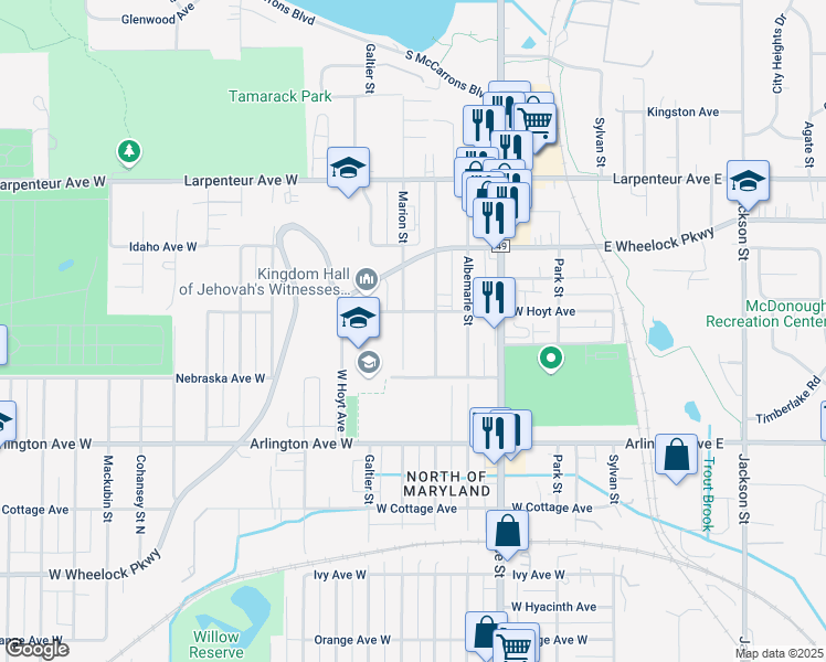 map of restaurants, bars, coffee shops, grocery stores, and more near 1542 Marion Street in Saint Paul