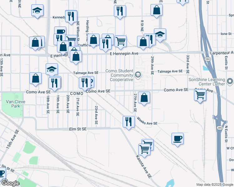 map of restaurants, bars, coffee shops, grocery stores, and more near 2501 Como Avenue Southeast in Minneapolis