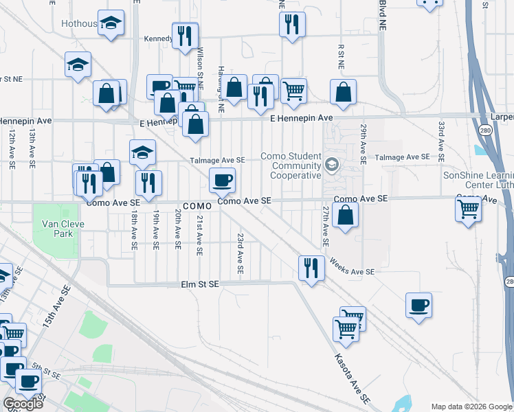 map of restaurants, bars, coffee shops, grocery stores, and more near 1000 24th Avenue Southeast in Minneapolis