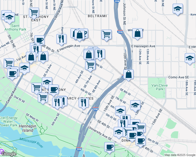 map of restaurants, bars, coffee shops, grocery stores, and more near 729 Southeast 8th Street in Minneapolis
