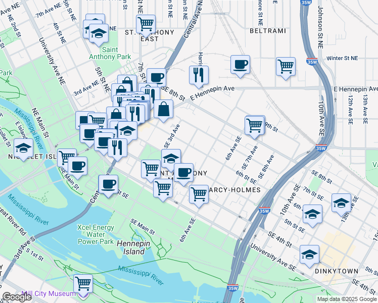 map of restaurants, bars, coffee shops, grocery stores, and more near 300 6th Street Southeast in Minneapolis