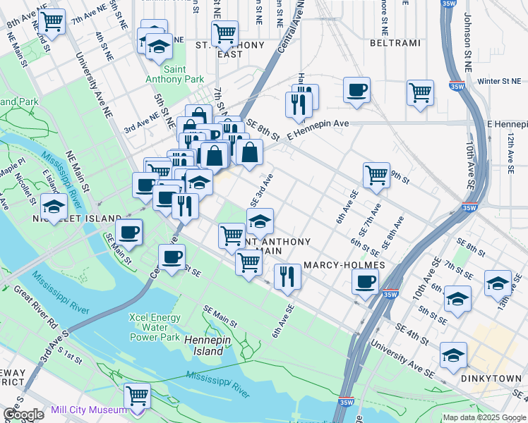 map of restaurants, bars, coffee shops, grocery stores, and more near 300 6th Street Southeast in Minneapolis
