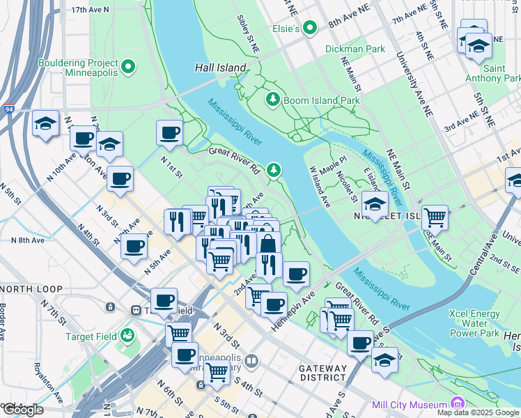 map of restaurants, bars, coffee shops, grocery stores, and more near 405 River Street in Minneapolis