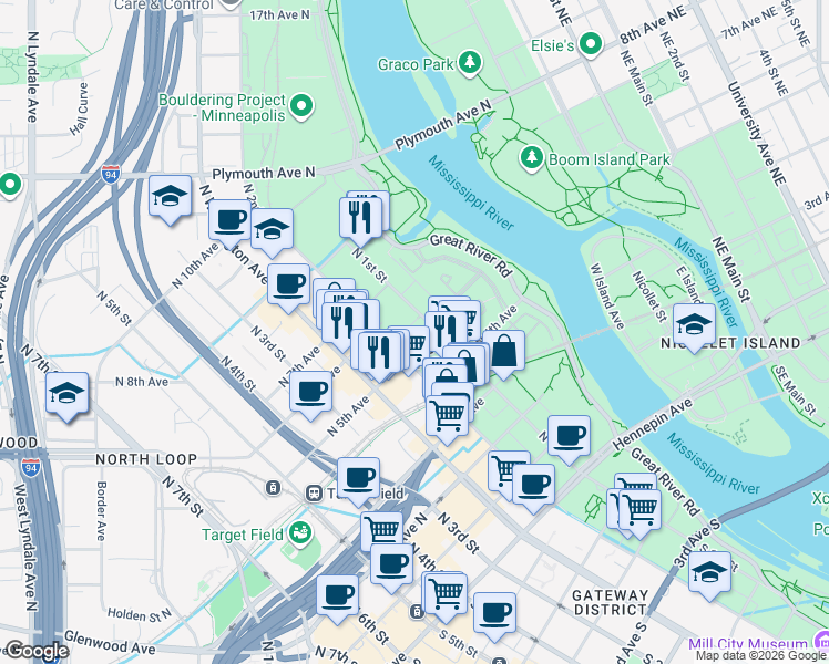 map of restaurants, bars, coffee shops, grocery stores, and more near in Minneapolis