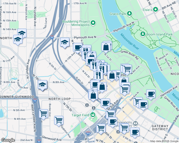 map of restaurants, bars, coffee shops, grocery stores, and more near 729 North Washington Avenue in Minneapolis