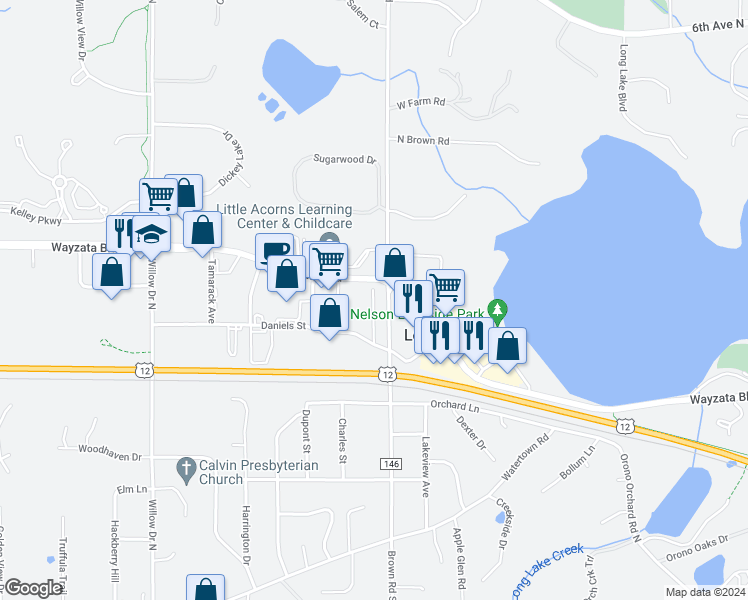 map of restaurants, bars, coffee shops, grocery stores, and more near 540 Virginia Avenue in Long Lake