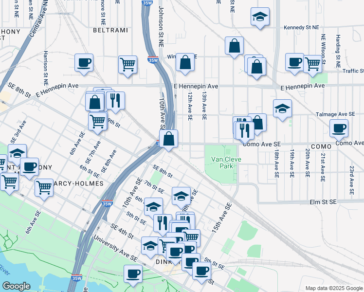 map of restaurants, bars, coffee shops, grocery stores, and more near 1100c Como Avenue Southeast in Minneapolis