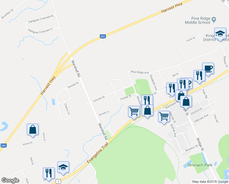 map of restaurants, bars, coffee shops, grocery stores, and more near Lincoln Street in Kingston