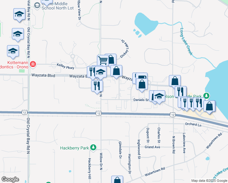 map of restaurants, bars, coffee shops, grocery stores, and more near 525 Tamarack Avenue in Long Lake