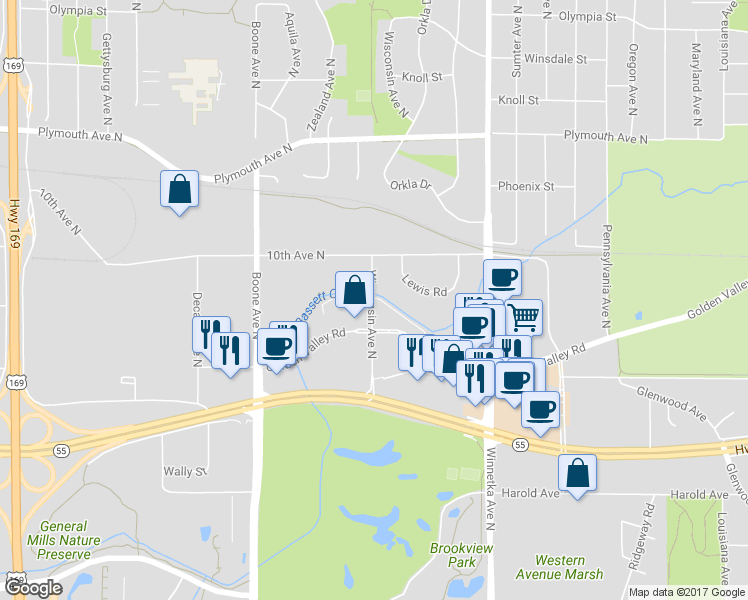 map of restaurants, bars, coffee shops, grocery stores, and more near 780 Wisconsin Avenue North in Golden Valley