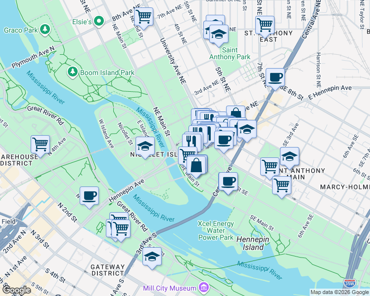 map of restaurants, bars, coffee shops, grocery stores, and more near 20 2nd Street Northeast in Minneapolis