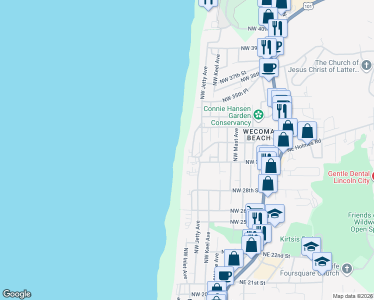 map of restaurants, bars, coffee shops, grocery stores, and more near 3115 Northwest Inlet Avenue in Lincoln City