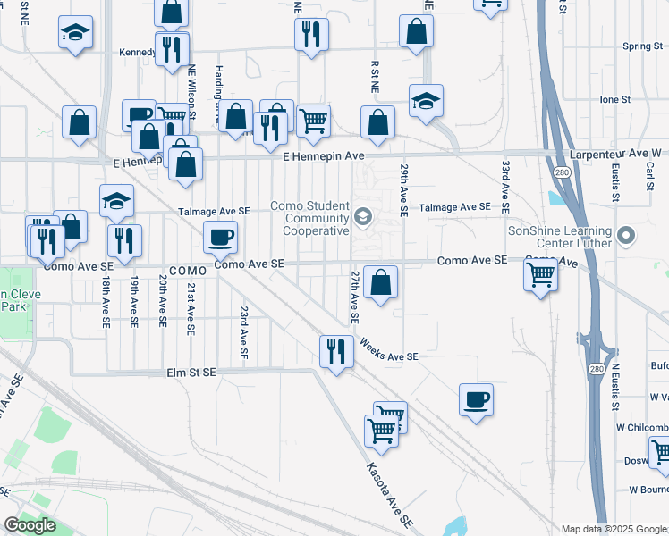 map of restaurants, bars, coffee shops, grocery stores, and more near 2608 Como Avenue Southeast in Minneapolis