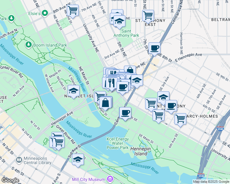 map of restaurants, bars, coffee shops, grocery stores, and more near 226 East Hennepin Avenue in Minneapolis