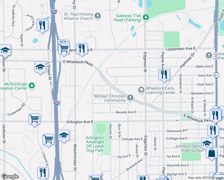 map of restaurants, bars, coffee shops, grocery stores, and more near 1554 Desoto Street in Saint Paul