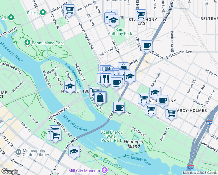 map of restaurants, bars, coffee shops, grocery stores, and more near 226 East Hennepin Avenue in Minneapolis
