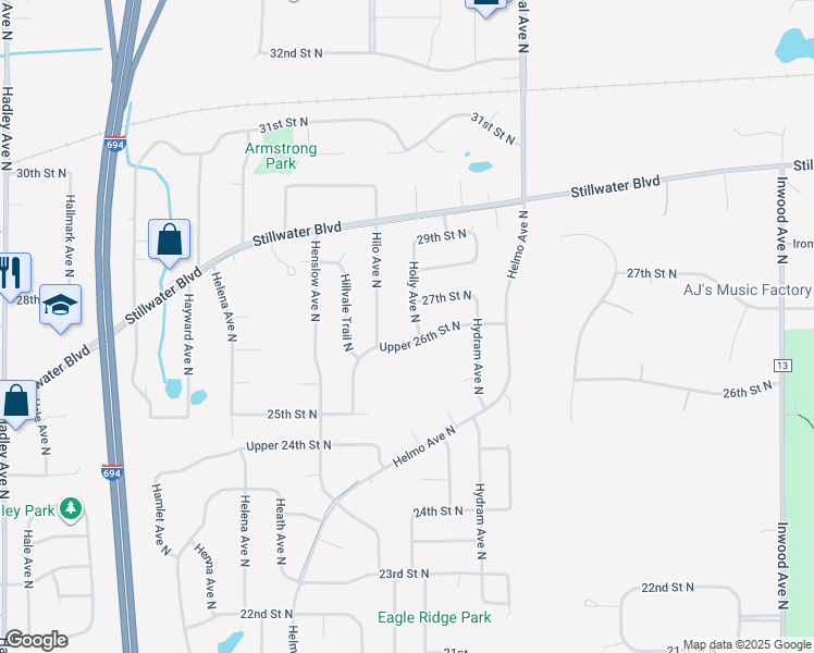map of restaurants, bars, coffee shops, grocery stores, and more near 2738 Holly Avenue North in Oakdale