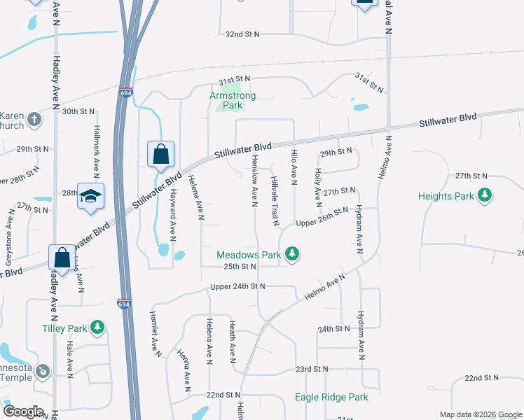map of restaurants, bars, coffee shops, grocery stores, and more near 2731 Henslow Avenue North in Oakdale