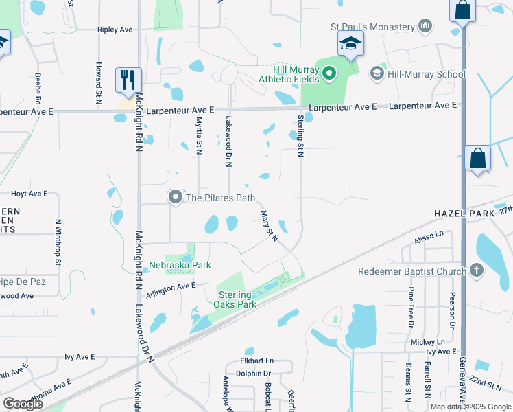 map of restaurants, bars, coffee shops, grocery stores, and more near 1540 Mary Street North in Maplewood