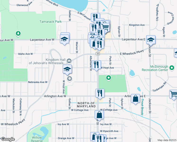 map of restaurants, bars, coffee shops, grocery stores, and more near 1552 North Woodbridge Street in Saint Paul