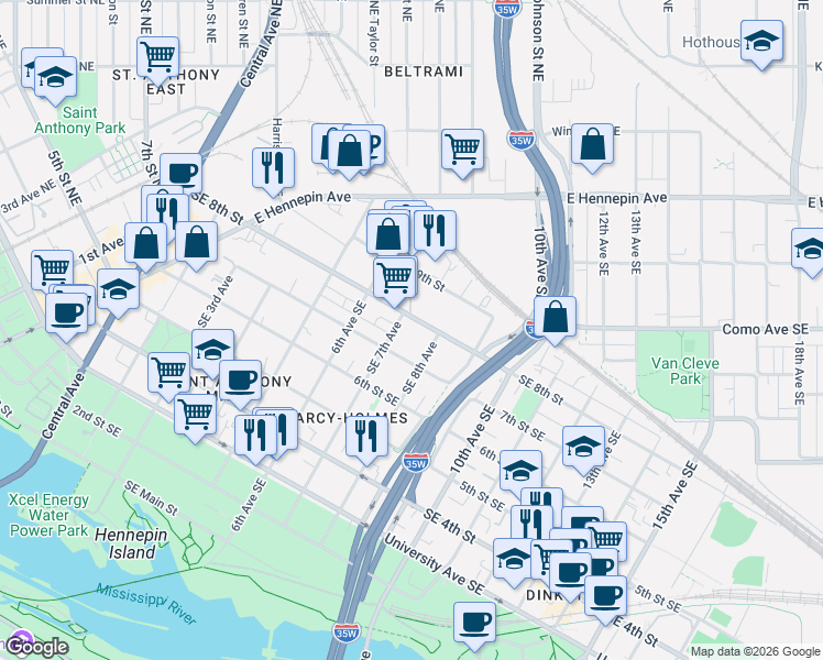 map of restaurants, bars, coffee shops, grocery stores, and more near 729 Southeast 8th Street in Minneapolis