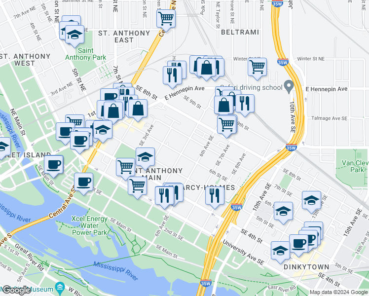 map of restaurants, bars, coffee shops, grocery stores, and more near 500 Southeast 7th Street in Minneapolis