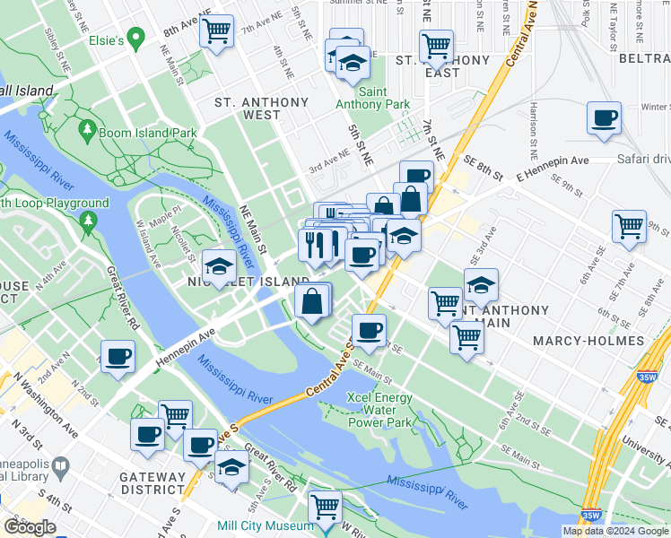 map of restaurants, bars, coffee shops, grocery stores, and more near 233 East Hennepin Avenue in Minneapolis