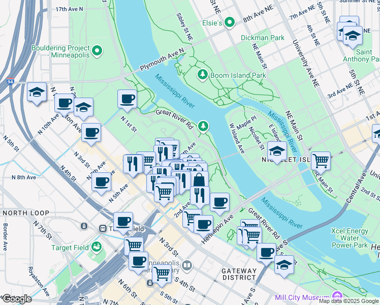 map of restaurants, bars, coffee shops, grocery stores, and more near 405 River Street in Minneapolis