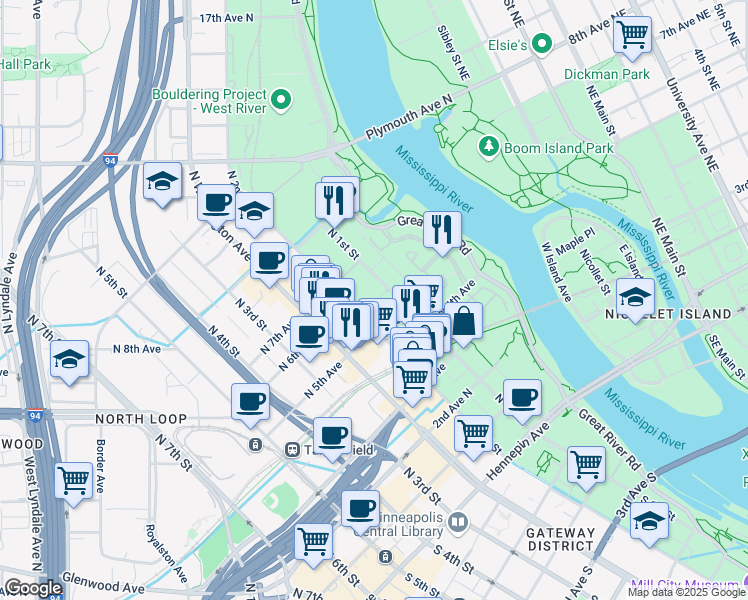 map of restaurants, bars, coffee shops, grocery stores, and more near in Minneapolis