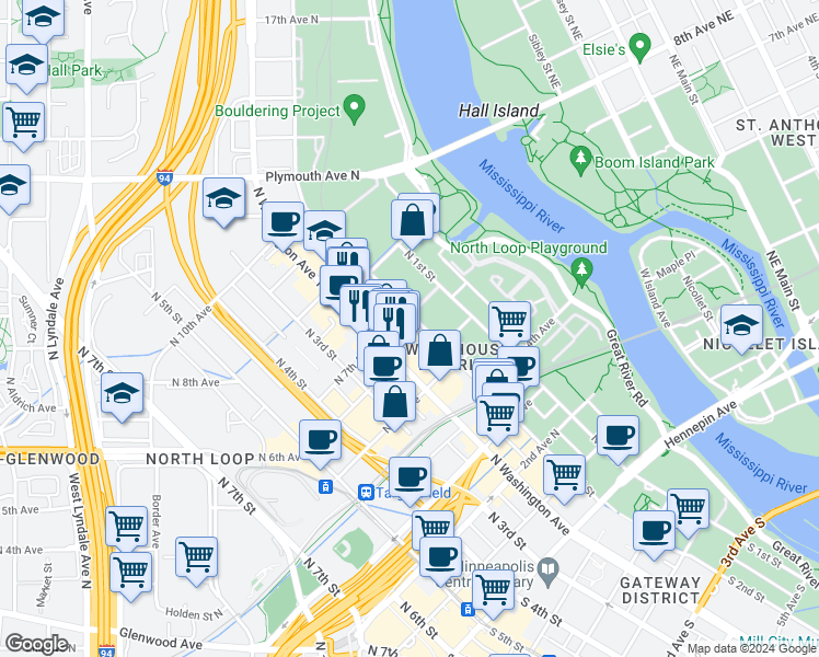 map of restaurants, bars, coffee shops, grocery stores, and more near 616 North Washington Avenue in Minneapolis