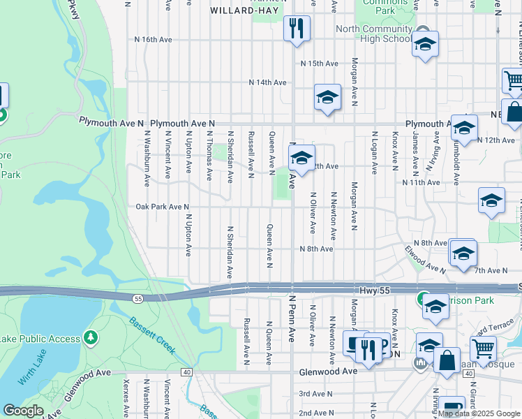 map of restaurants, bars, coffee shops, grocery stores, and more near 1000 Russell Avenue North in Minneapolis
