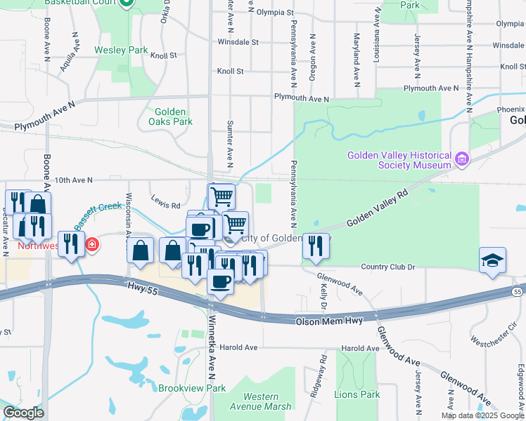 map of restaurants, bars, coffee shops, grocery stores, and more near 7520 Golden Valley Road in Golden Valley
