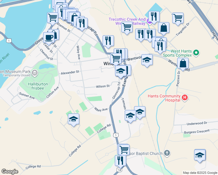 map of restaurants, bars, coffee shops, grocery stores, and more near 544 Wilson Street in Windsor