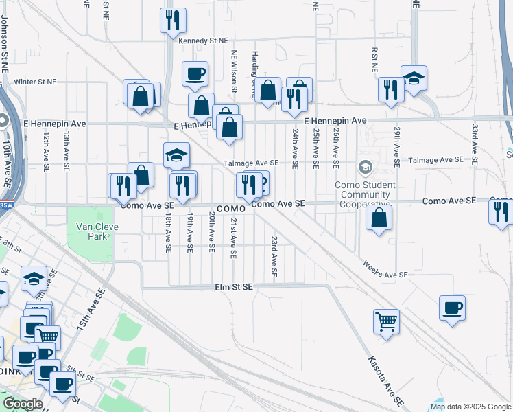 map of restaurants, bars, coffee shops, grocery stores, and more near 2200 Como Avenue Southeast in Minneapolis