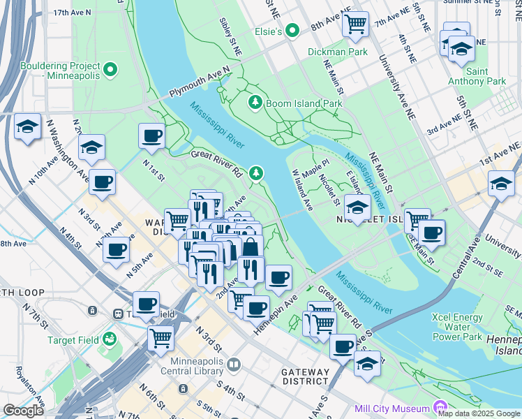 map of restaurants, bars, coffee shops, grocery stores, and more near 29 North 4th Avenue in Minneapolis