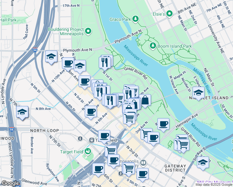 map of restaurants, bars, coffee shops, grocery stores, and more near in Minneapolis