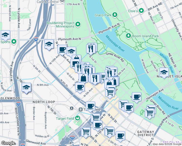 map of restaurants, bars, coffee shops, grocery stores, and more near 625 North 2nd Street in Minneapolis