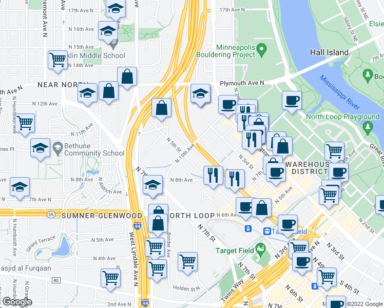 map of restaurants, bars, coffee shops, grocery stores, and more near 427 North 10th Avenue in Minneapolis