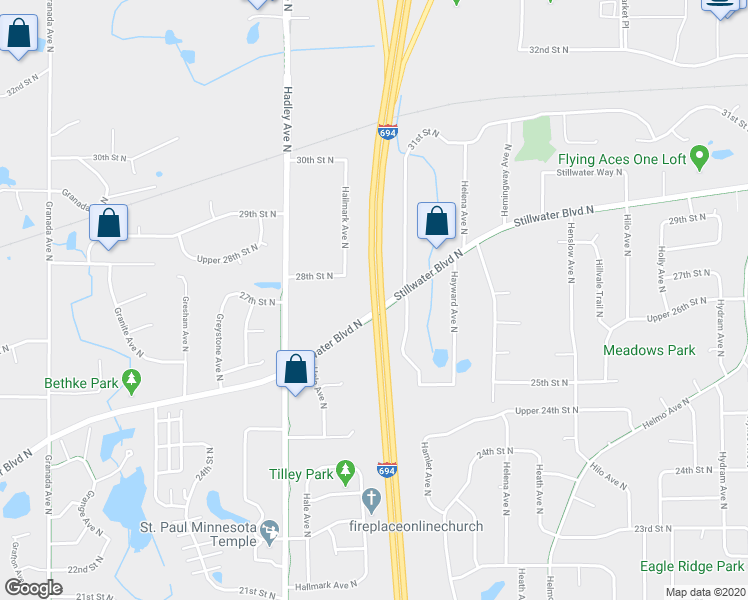 map of restaurants, bars, coffee shops, grocery stores, and more near Interstate 694 in Oakdale