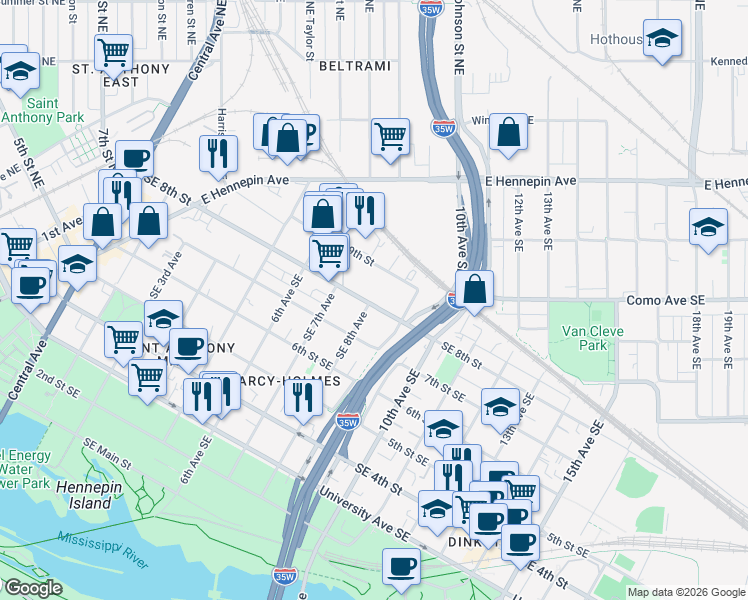 map of restaurants, bars, coffee shops, grocery stores, and more near 801 Southeast 8th Street in Minneapolis