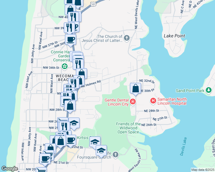 map of restaurants, bars, coffee shops, grocery stores, and more near 2530 Northeast 31st Street in Lincoln City