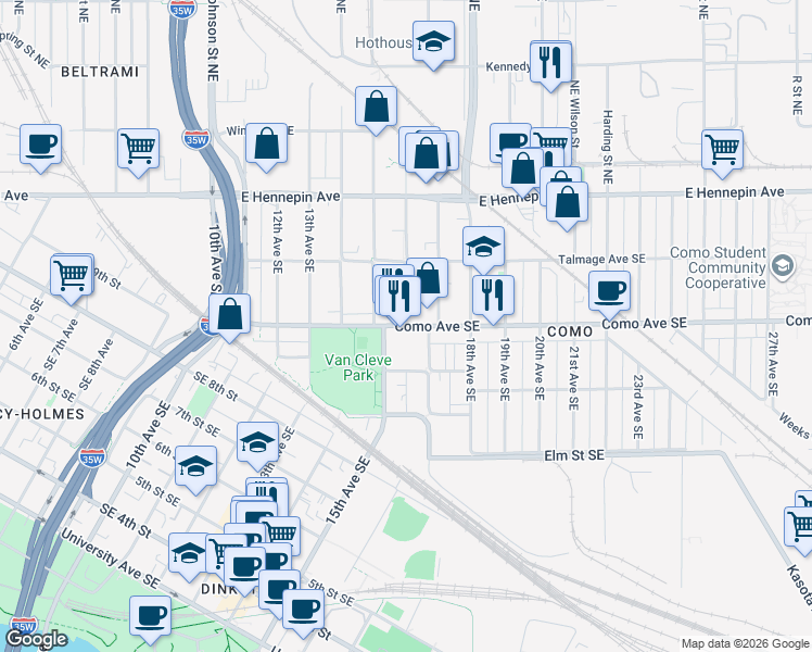 map of restaurants, bars, coffee shops, grocery stores, and more near Como Ave SE & 16th Ave SE in Minneapolis