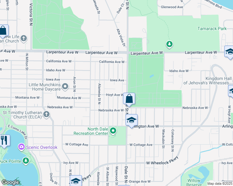 map of restaurants, bars, coffee shops, grocery stores, and more near 655 Hoyt Avenue West in Saint Paul