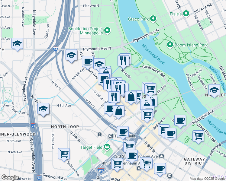 map of restaurants, bars, coffee shops, grocery stores, and more near 616 North Washington Avenue in Minneapolis