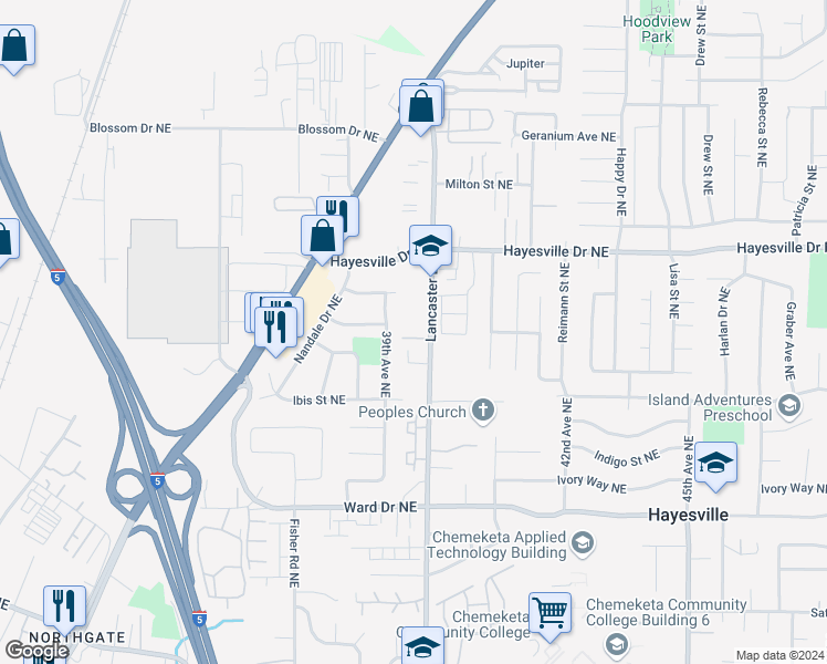 map of restaurants, bars, coffee shops, grocery stores, and more near 4605 Lancaster Drive Northeast in Salem