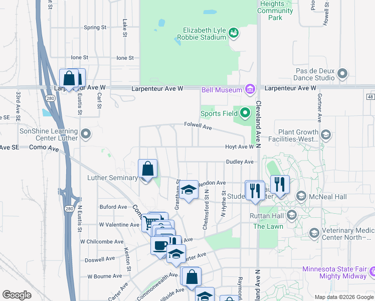 map of restaurants, bars, coffee shops, grocery stores, and more near 2206 Hoyt Avenue West in Saint Paul