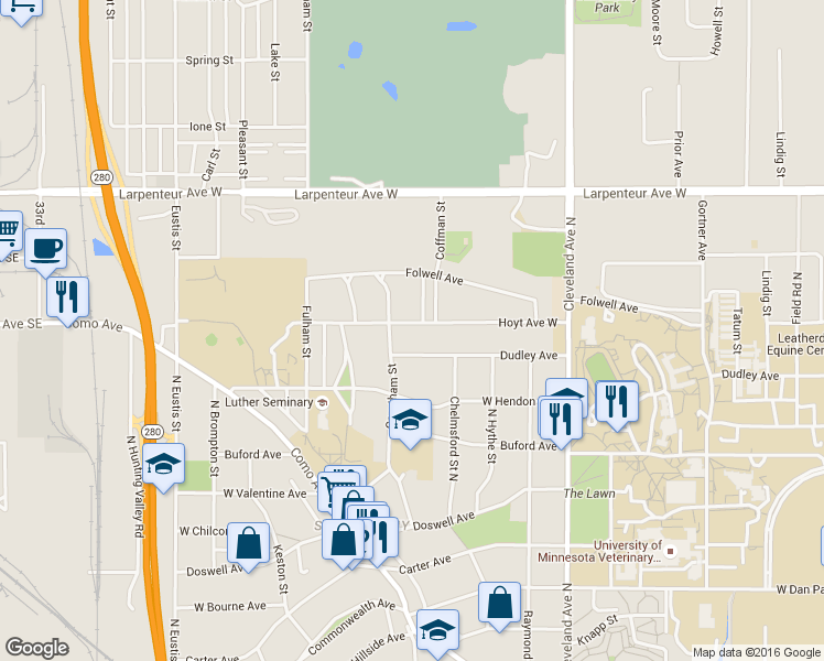 map of restaurants, bars, coffee shops, grocery stores, and more near 2206 Hoyt Avenue West in Saint Paul