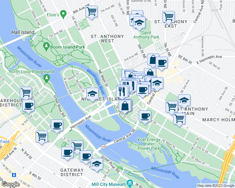 map of restaurants, bars, coffee shops, grocery stores, and more near 100 1st Avenue Northeast in Minneapolis